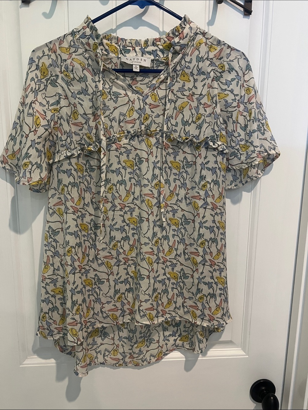 Hayden Floral Ruffle Tie-Neck Blouse in Cream, Yellow and Pink